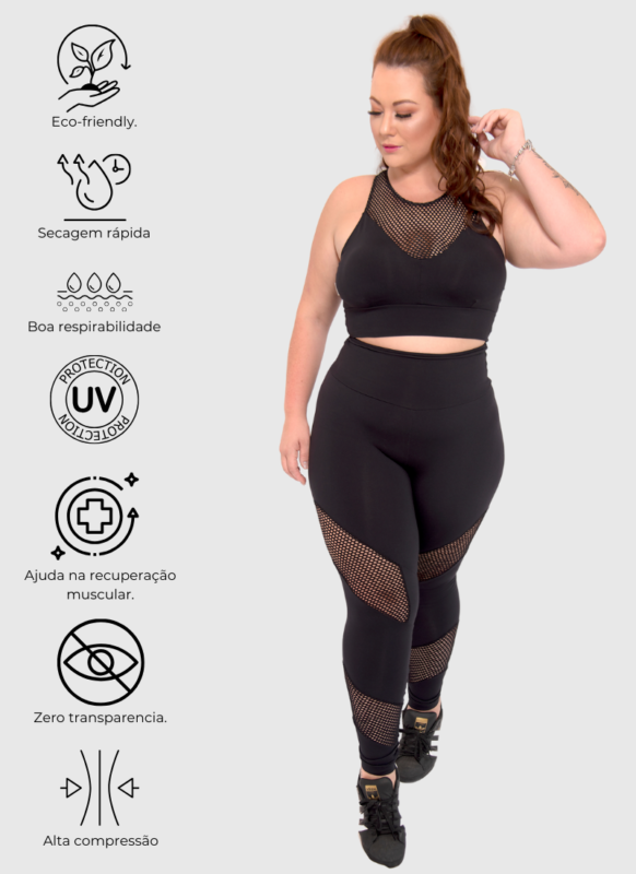 Conjunto preto de fitness plus size